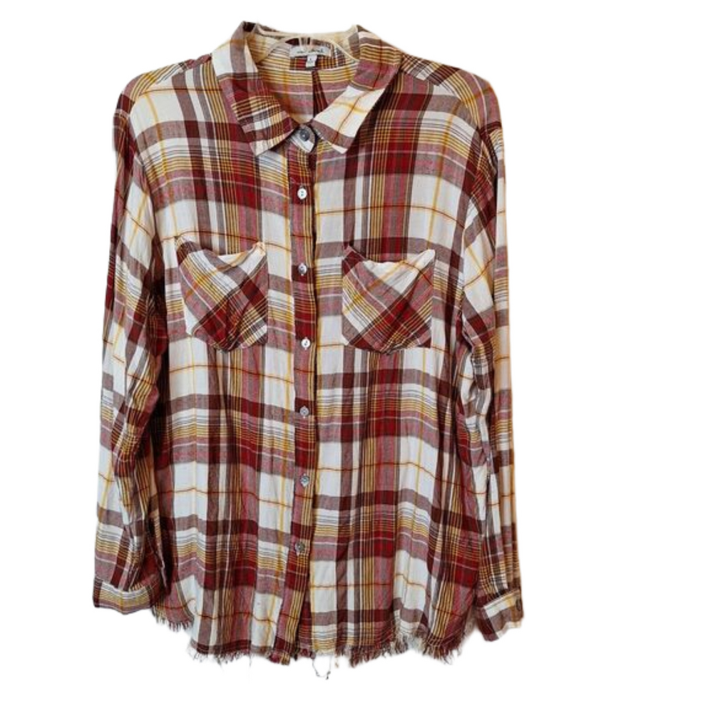 White Birch Women Button Up Raw Hem‎ Shirt Size L Brown Plaid Pockets Split Back